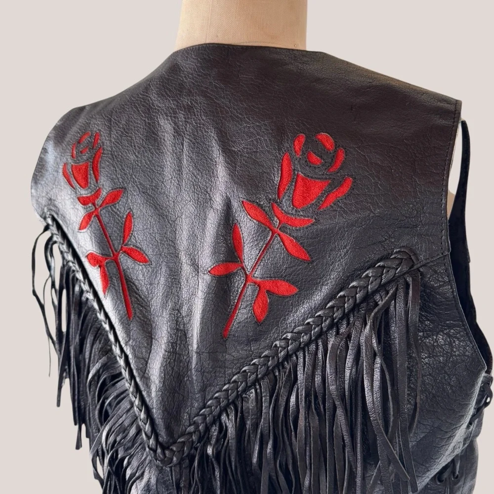 Vintage MOB Genuine Leather Black Red Rose Fringe Vest - Picture 7 of 10
